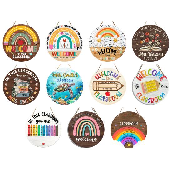 huaqianguhh Wooden Welcome Sign for Classroom Door, to Our Round Hanger, Front Door Hanging Sign, Back School Preschool Decoration