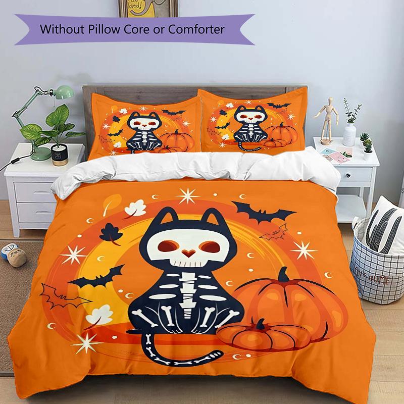 

3pcs Cat Skull Halloween Elements Bedding Set - 1 Soft Quilt Cover + 2 Pillowcases, Machine Washable - Suitable for All Seasons M028 135x200cm