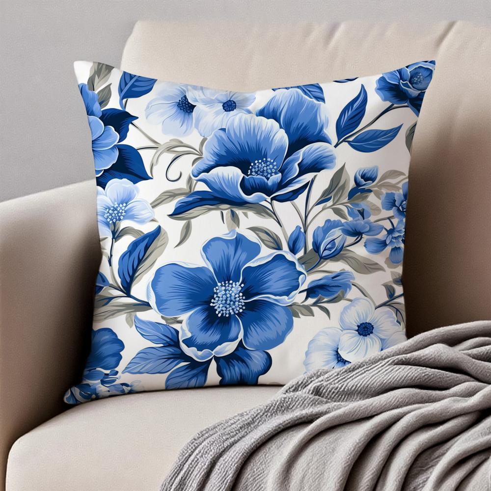 Ethnic style blue floral pattern printing Cushion Cover Pillowcase Antidustmite Invisible Zipper Short Plush Sofa Cushion 30X30cm