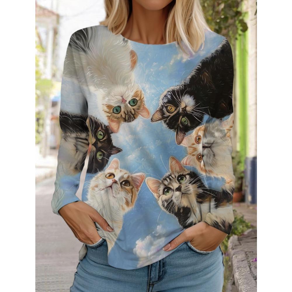 Hanorac de damă designer gât rotund mânecă lungă modă casual drăguț pisoi model animal imprimeu topuri