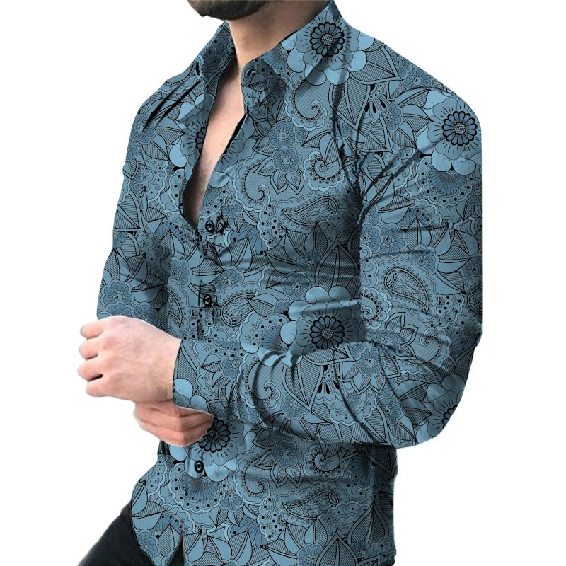 Herren-Langarm-Hemd mit Blumendruck, Trend-Dating-Mode, schwaches Stretch-Hemd
