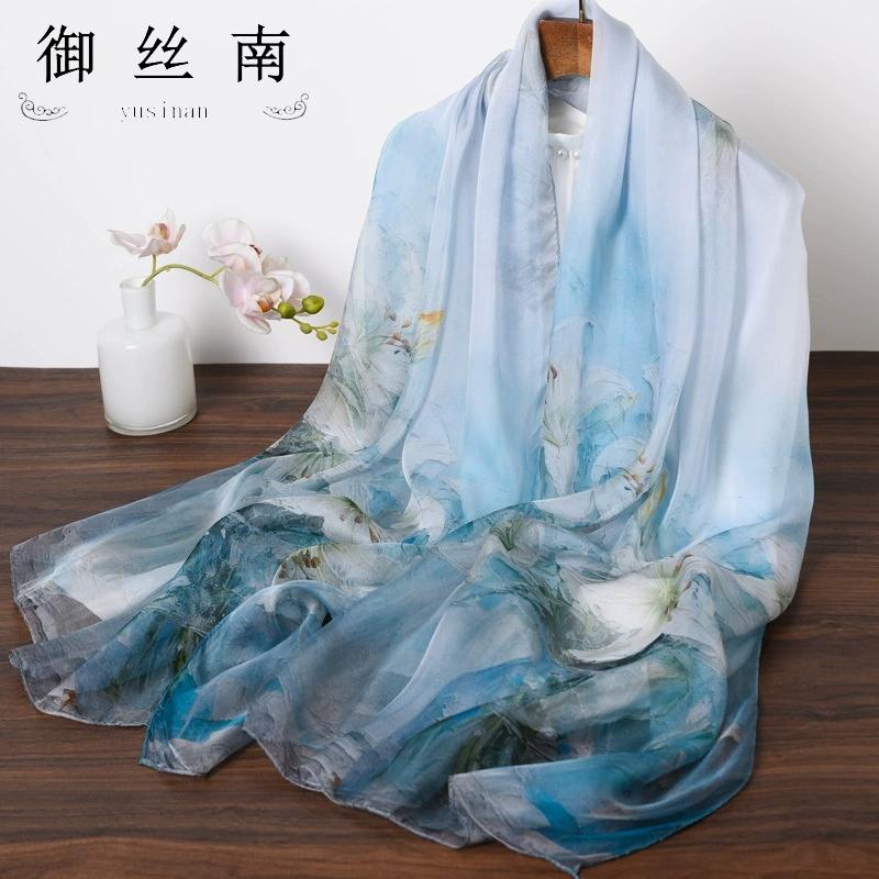 Spring Summer Women Large-size Printed Beach Shawls Muslim Hijabs Travel Thin Sunscreen Scarf/Scarves 100% Silk Beach Scarf