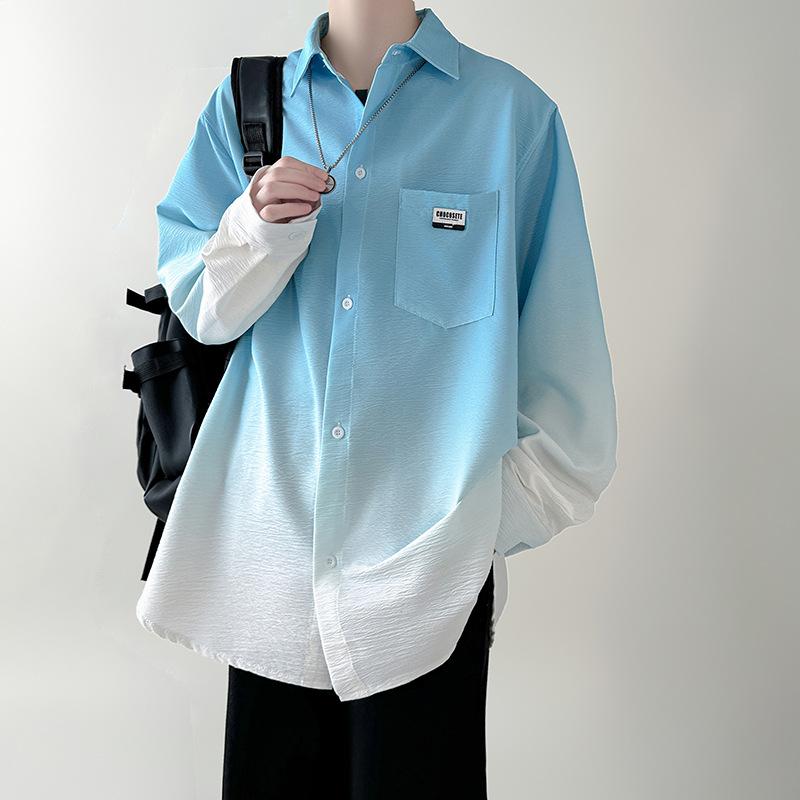 Men's Gradient Color Long-sleeved Shirt Stand-up Collar Casual Shirt Large Size Loose Shirt
