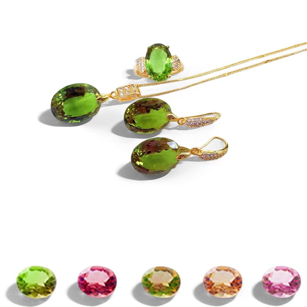 Turkish Gemstone Jewelry Set: Oval Ring, Necklace & Earrings with Color-Changing Sultan Stone