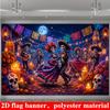 2D flat banner background for the Mexican Day of the Dead theme featuring a scene of dancing skeletons under a moonlitnight.zyc