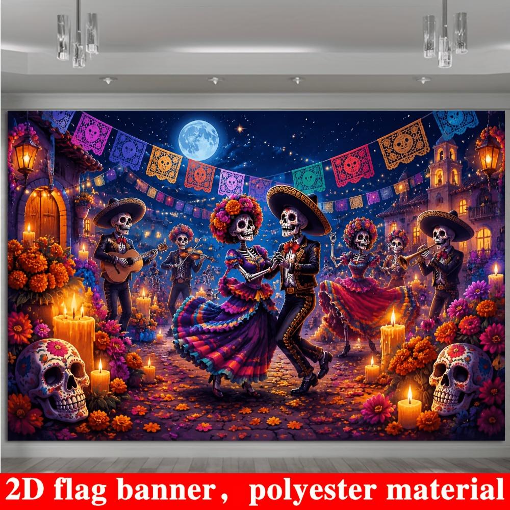 2D flat banner background for the Mexican Day of the Dead theme featuring a scene of dancing skeletons under a moonlitnight.zyc