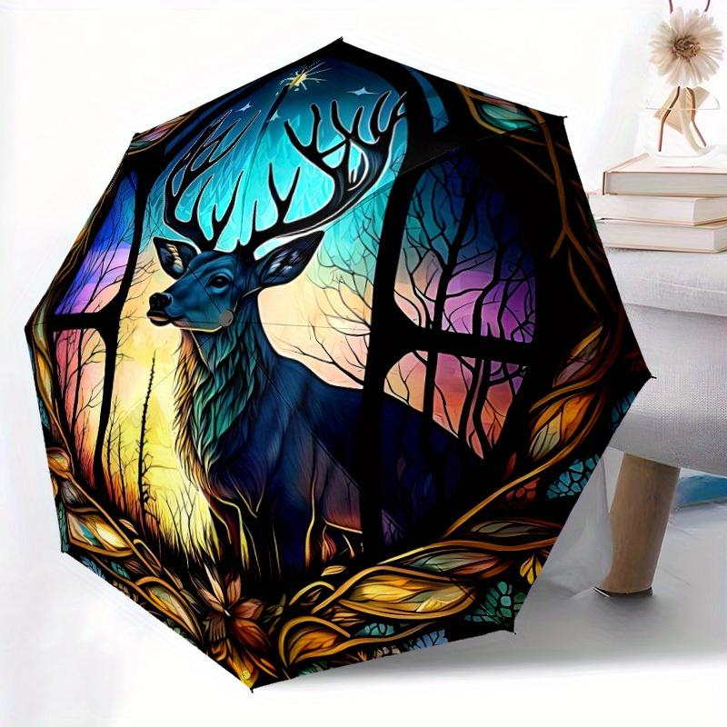 1pc Stained Glass Deer Automatic Open/close Umbrella, 8-Rib sturdy structure, Portable Travel Umbrella, Parties, Everyday Use, Outdoor Acces