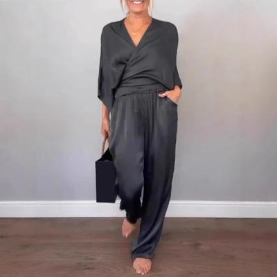 2 Pcs/Set Women Top Pants Suit V Neck Long Sleeves Cross Blouse High Waist Pleated Wide Leg Trousers Formal Commuting Outfit for Spring Summer