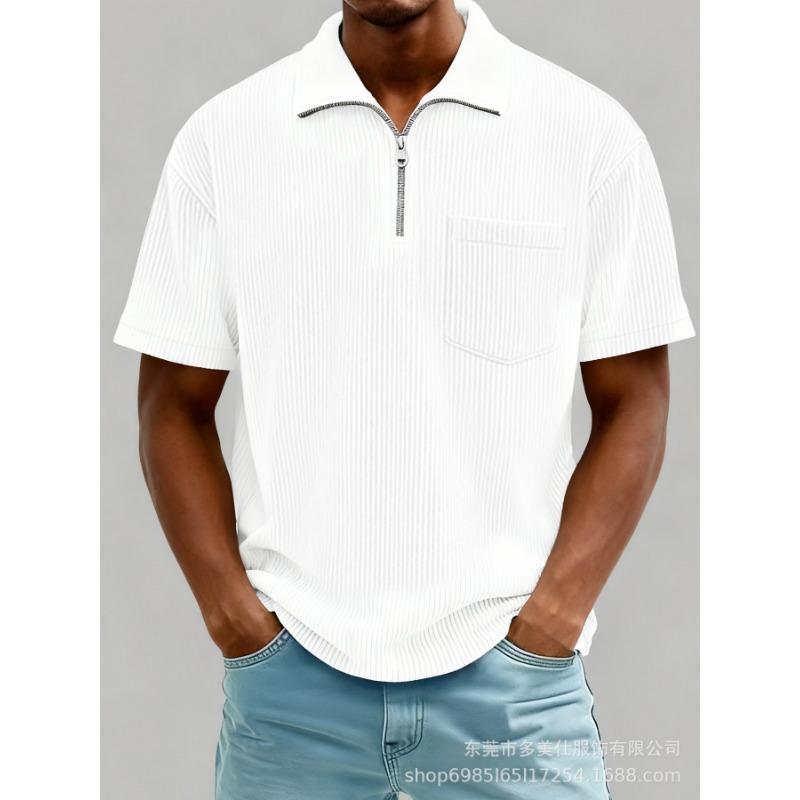 Mens Casual Solid Color Half Zip Short Sleeve Polo Shirt S белый