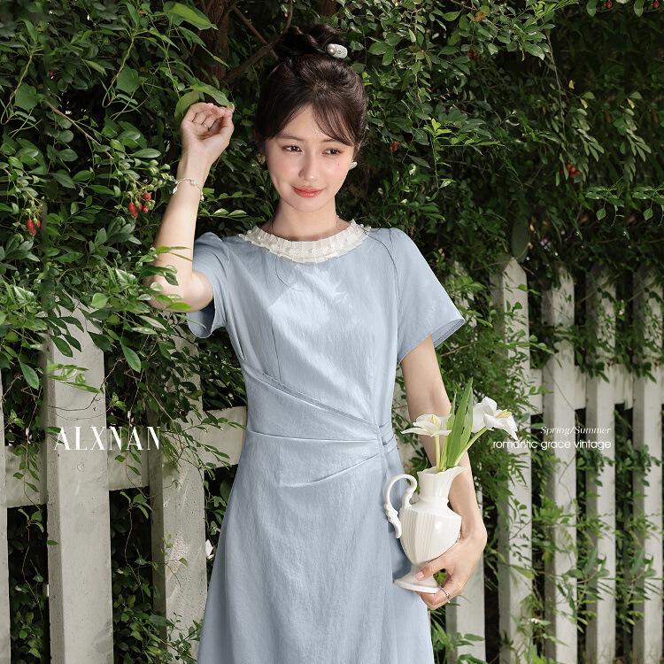 Oxygen French Style Blue Cinched-Waist Summer Dress - Women's Short-Sleeve, Fitted Long Skirt