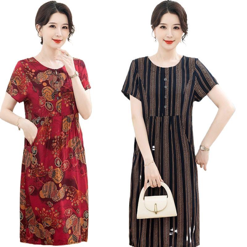 New Arrival Summer Cotton-Silk Knee-Length Loose Plus Size Short-Sleeved Dress for Mom