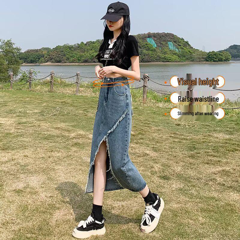 Damen Vintage High Waist A-Linien Denim Midi-Rock mit Fransen-Saum und Trendy Schlitz