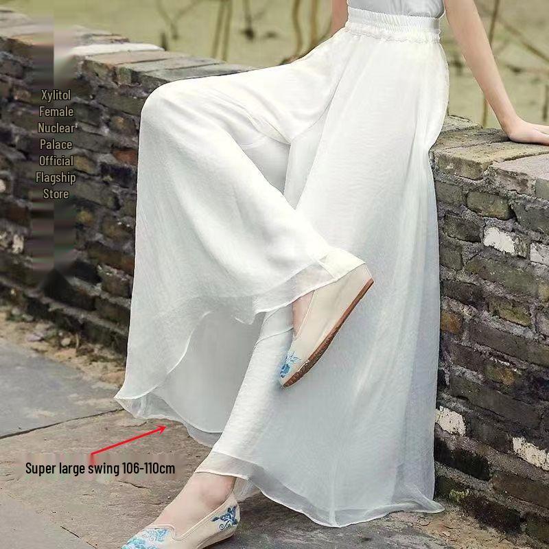 Women's Wide-Leg Chiffon Pants: Flowy, Elastic Waist, Long Cropped Skirt-Pants