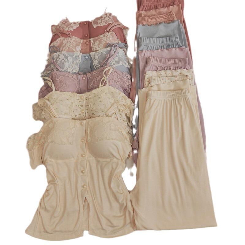 Women's Lace Camisole Sleepwear Set with Chest Pads - Sweet & Sexy Spring/Summer Homewear.