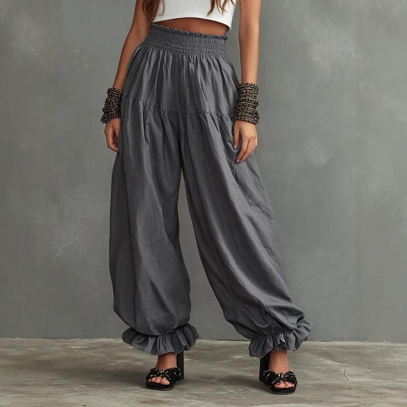 Women's Smocked Waist Harem Pants Loose Balloon Trousers Ruffle Ankle Casual Summer Pants