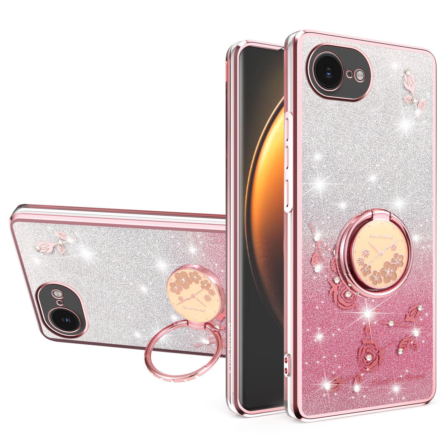 

KADEM For iPhone 16e Case Ring Kickstand TPU Flowers Phone Cover Gradient Glitter Pink
