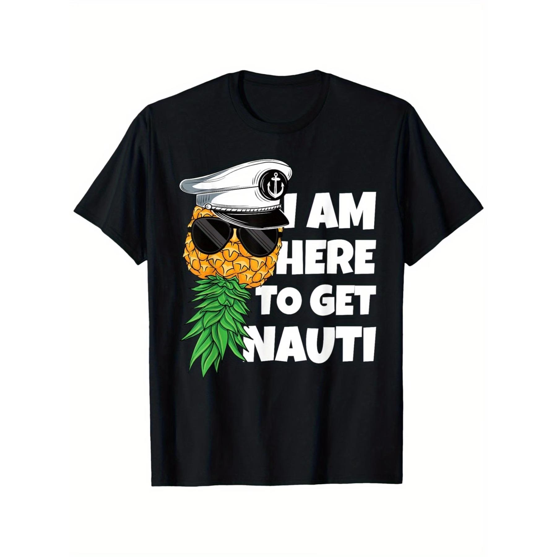 Here To Get Cruise Boat Upside Pineapple T-Shirt, Unisex Cotton Casual Round Neck Outdoor Short Sleeve T-Shirt S чёрный