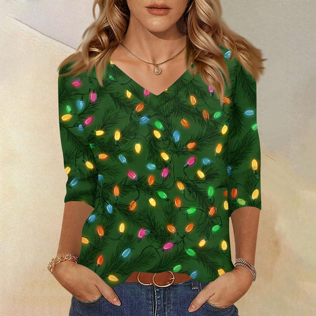 Dámské tričko s vánočním potiskem, 3/4 rukávy, pro každodenní nošení i na víkend, módní základní top s výstřihem do V, běžného střihu