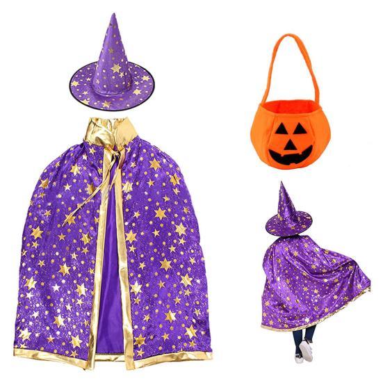 Child Witch Costume Unique Anime Cosplay Cape Hat Set Sparkling Pentagram Design with Pumpkin Bag Halloween Party Supplies