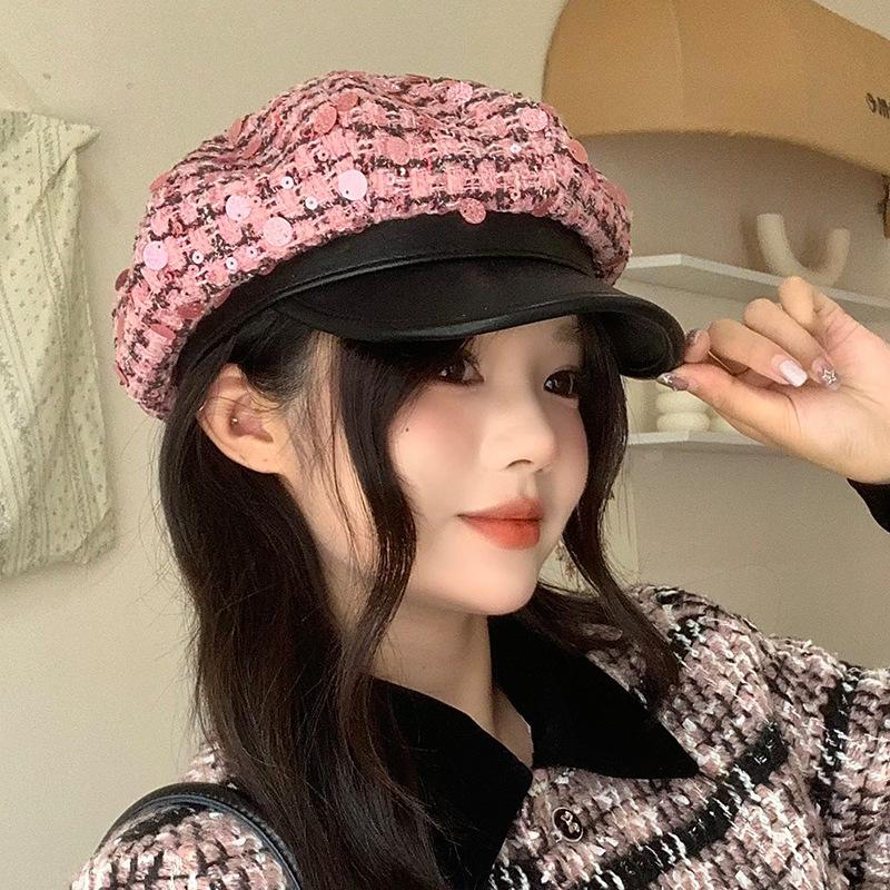 Versatile Duck Tongue Beret for Women's Fashion Sequin Big Head Painter Hat Korean Version Showing Face Small Octagonal Hat
