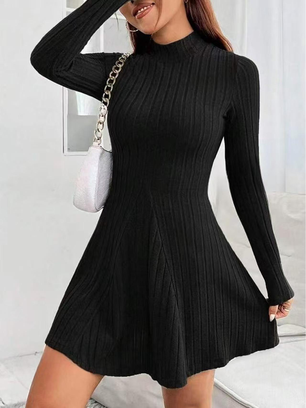 

2025 Autumn/Winter Slim Fit Waist-Cinching A-line Long Sleeve Dress XXL чорний
