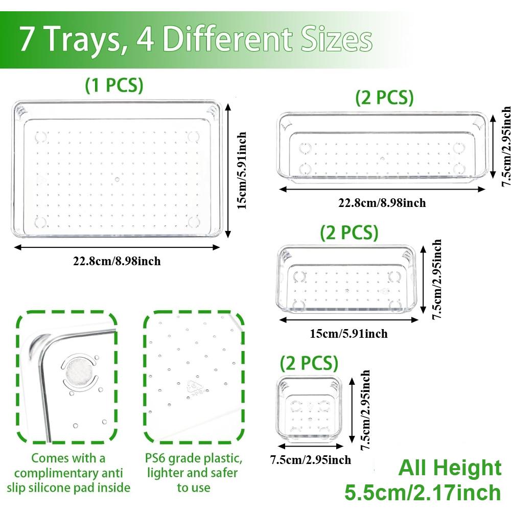 7pcs Clear Plastic Makeup Organizer for Countertop Stackable Drawer Dividers for Cosmetics Office Supplies Desk StorageOrganizer