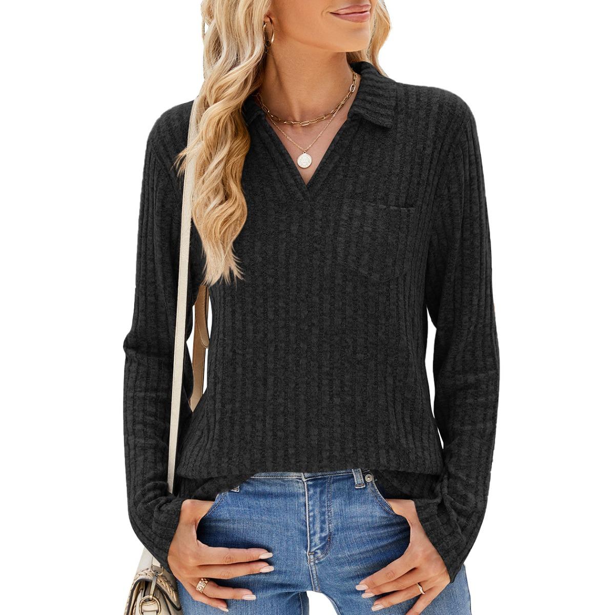 Women s  Fall Winter Solid Color Lapel Pocket Long Sleeve Loose T-shirt Top S чёрный