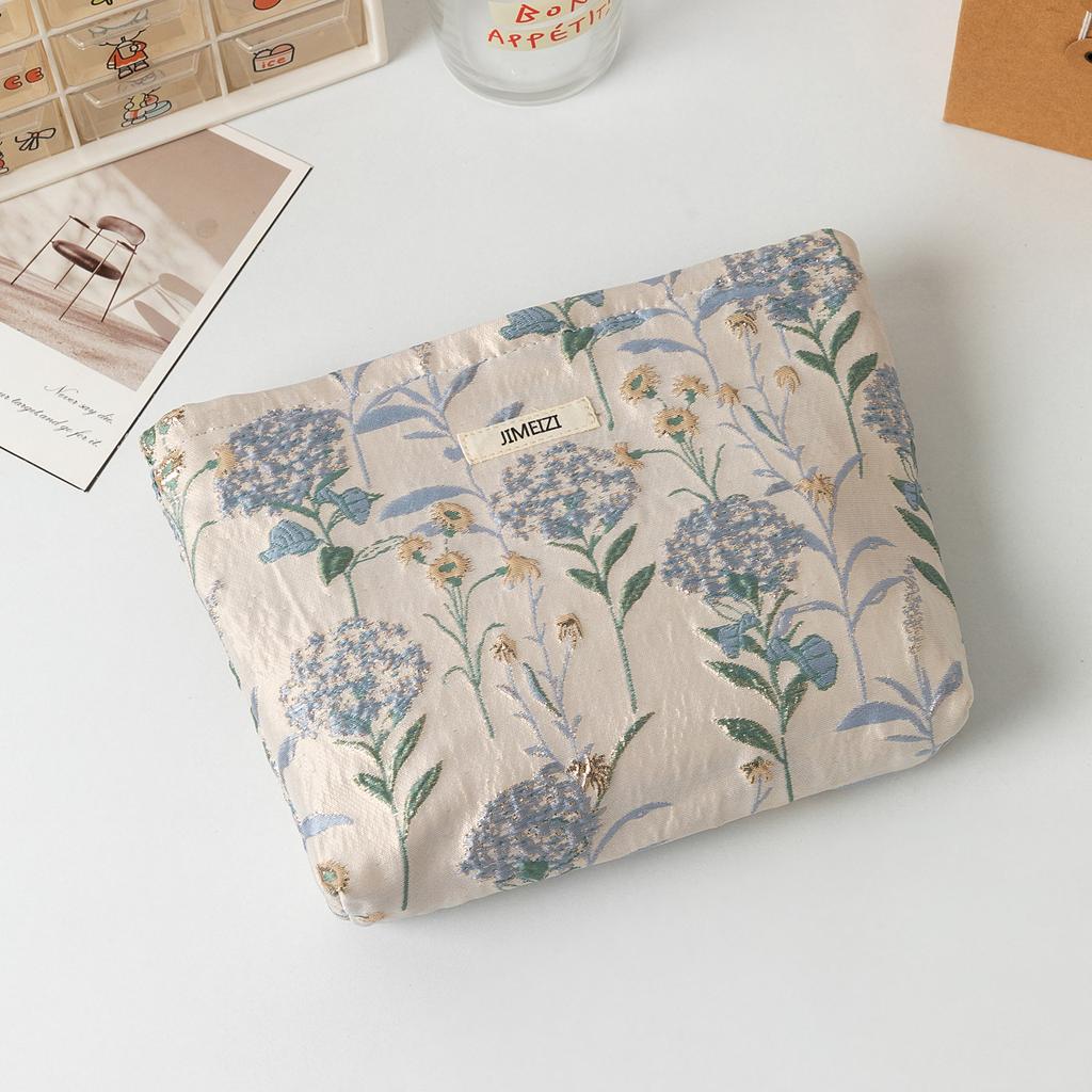 Blaues Blumenmuster Damen Große Kapazität Kosmetiktasche, Tragbare Toilettenartikel-Aufbewahrungstasche für Reisen, Schulbedarf, Reiseutensilien, Kosmetiktasche