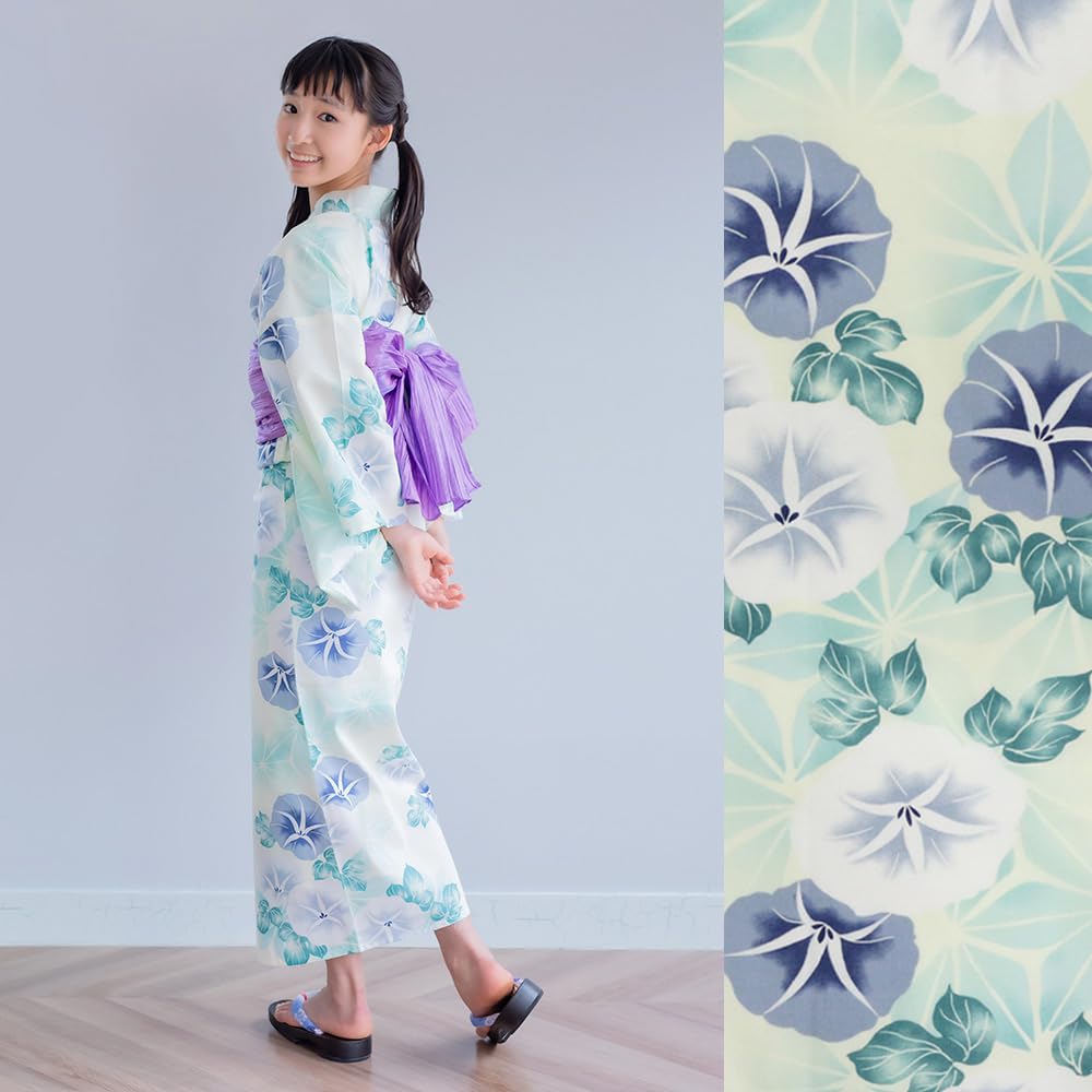 Kimono Cafe Yukata and Obi Set for Junior and Senior Features a Floral Pattern of Morning and Available In and and Morning Glory Girls' (2 Pieces)