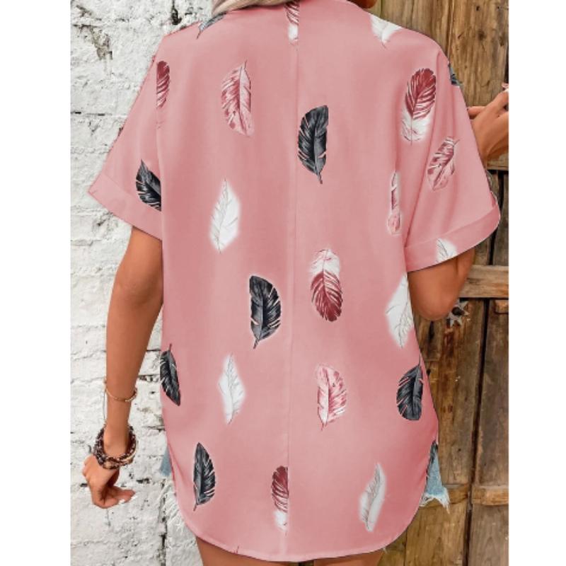 Women Casual Notched  Lapel Feather Print Short-sleeved Blouse Top