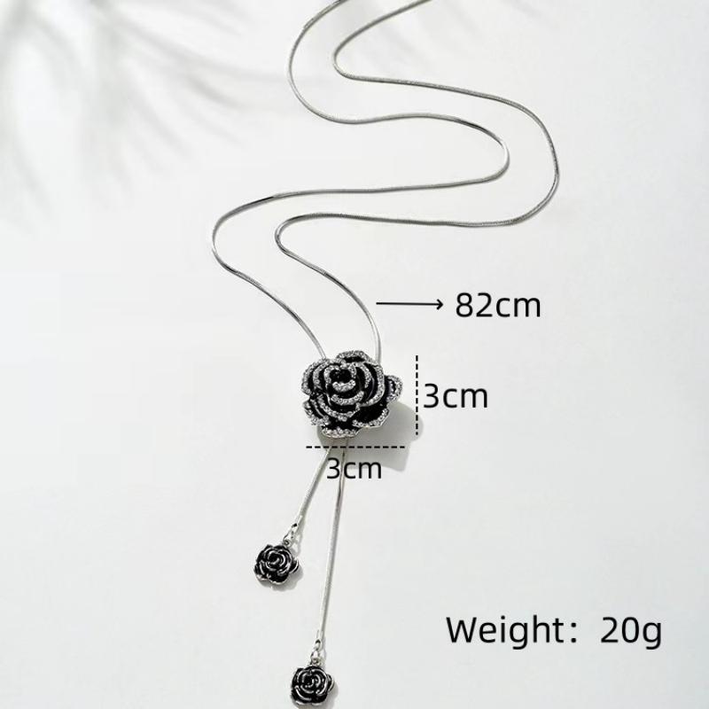 Fashion Black Rose Flower Long Necklace Sweater Chain Metal Crystal Pendant Necklaces Adjusted