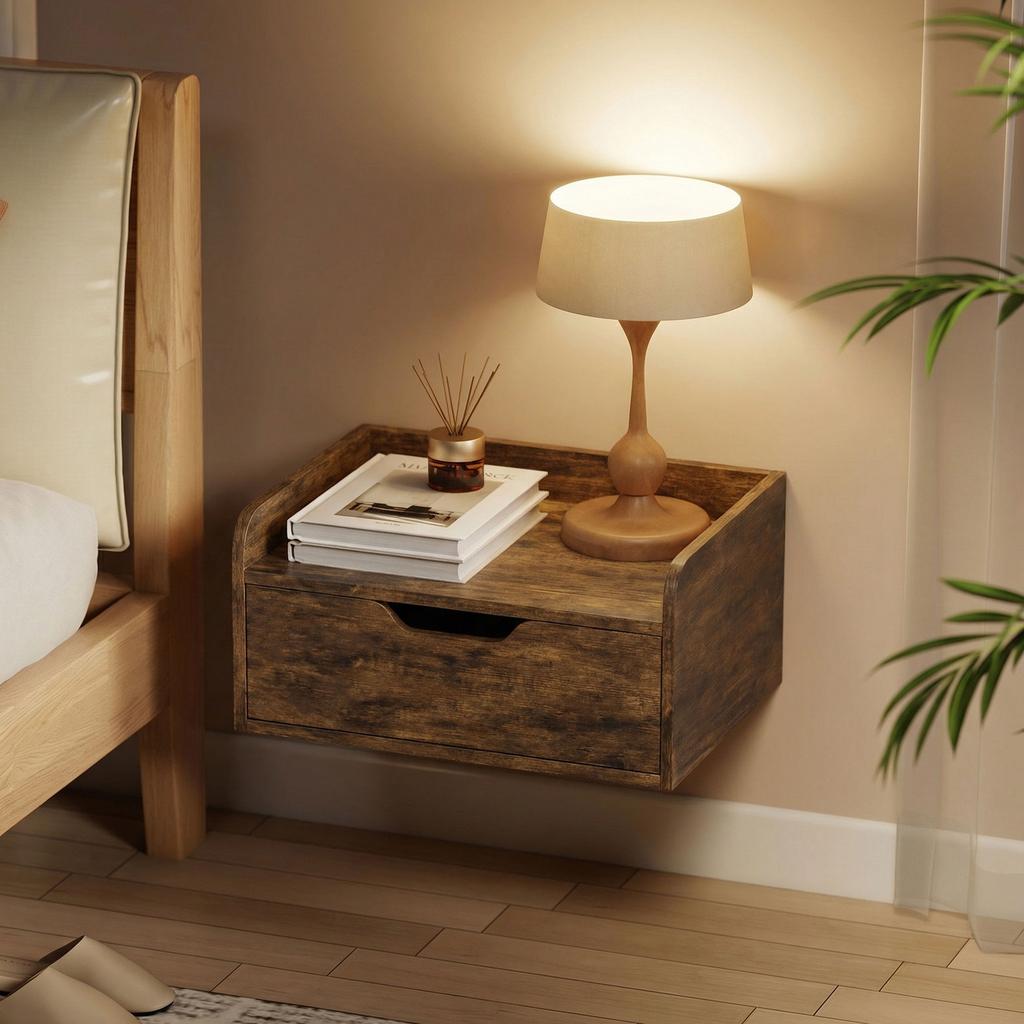 Floating Nightstands Set Of 2 Wall Mounted Bedside Table With Drawer For Bedroom Rustic Brown