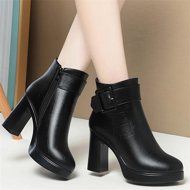 Winter Black Thick High Heel Ankle Boots Women 2026 Keep Warm Fashion Elegant Short Buckle Decoration Leather Boots