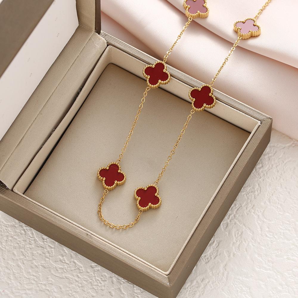 Titanium Steel Double-sided Clover Necklace with Ten Flower Mother of Pearl Necklace, 18K Gold-plated and Colorfast