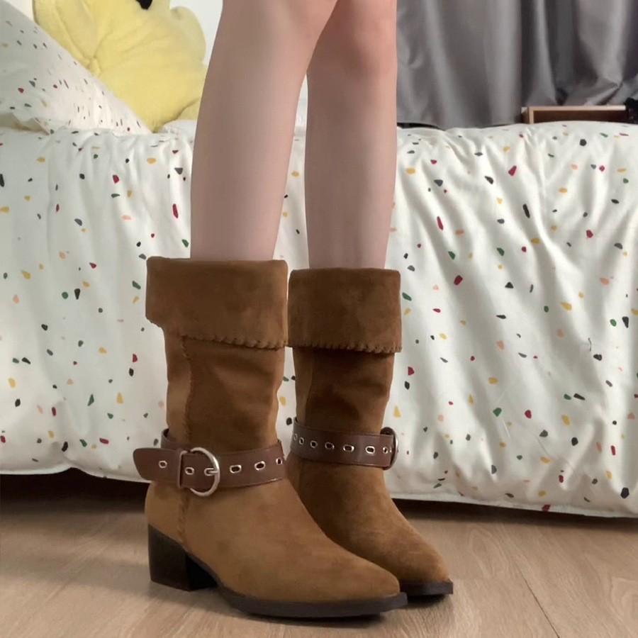 Sheepskin Version~ Skinny Niche Design Belt Buckle Retro Pointed Head Thick Heel Showing Legs Thin Temperament Versatile Fashion Boots