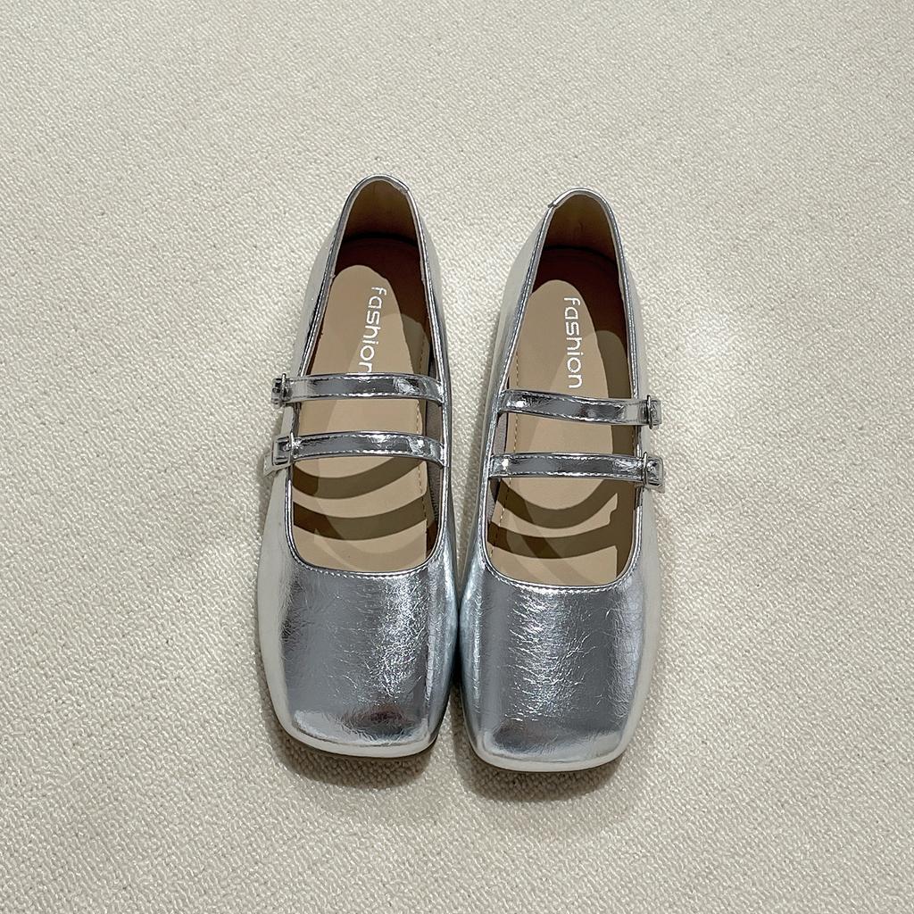 Silver Square Head French Flat Bottom Light Mouth Inner Height Increase Single Shoes Women's Summer 2025 New with Skirt Retro Mary Jane Shoes