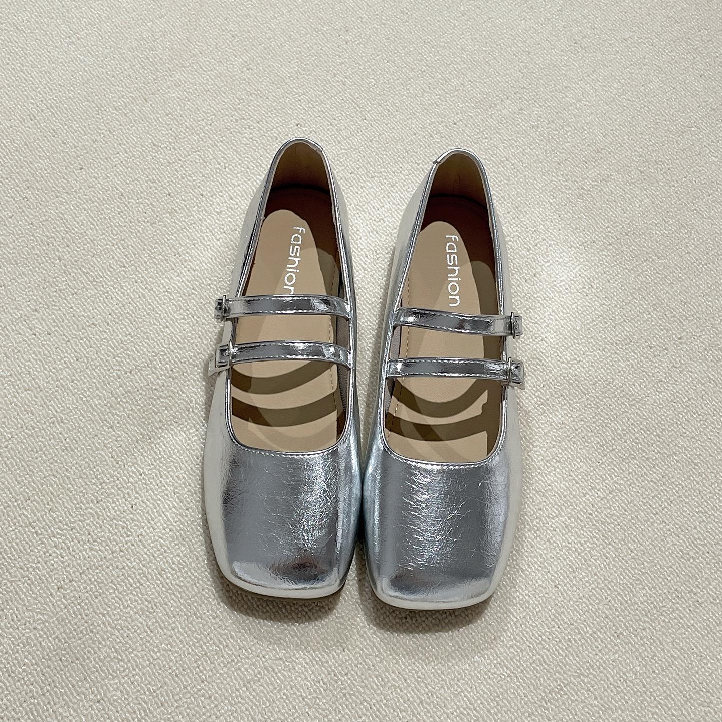

Silver square head French flat bottom light mouth inner height increase single shoes women s summer 2025 new with skirt retro Mary Jane shoes 40 серебряный