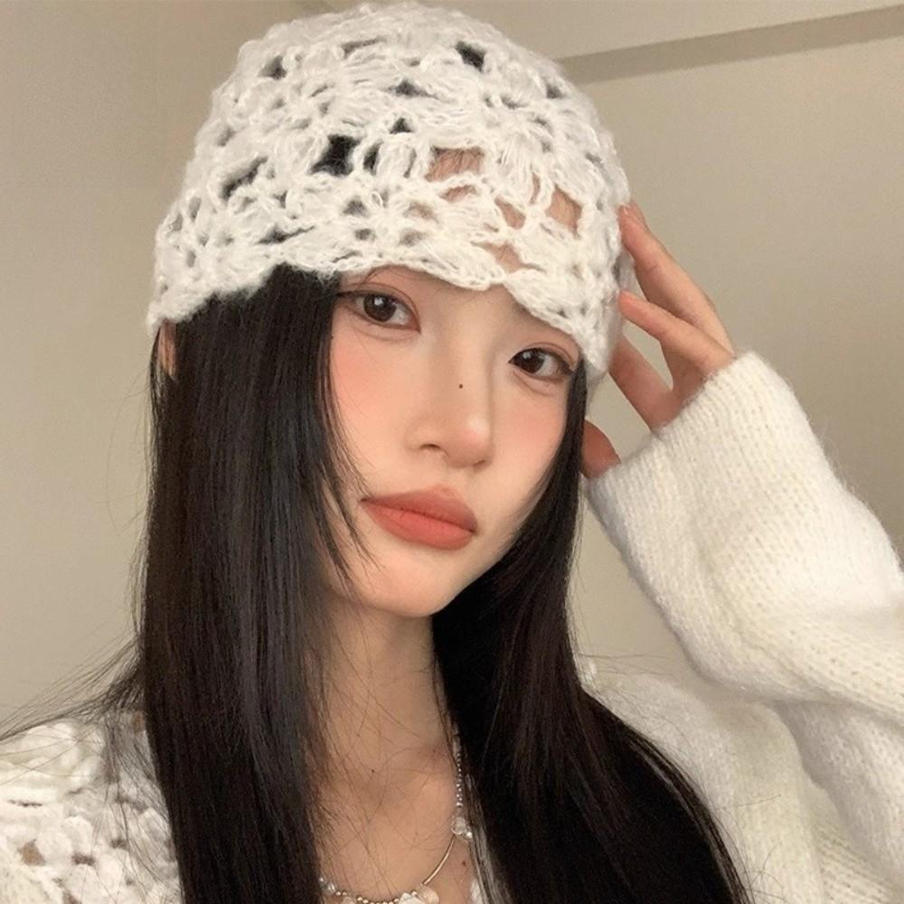 Handmade Knitted Pullover Hat Hollow Beanies Cap Cute Crochet Flower Hat  Girls