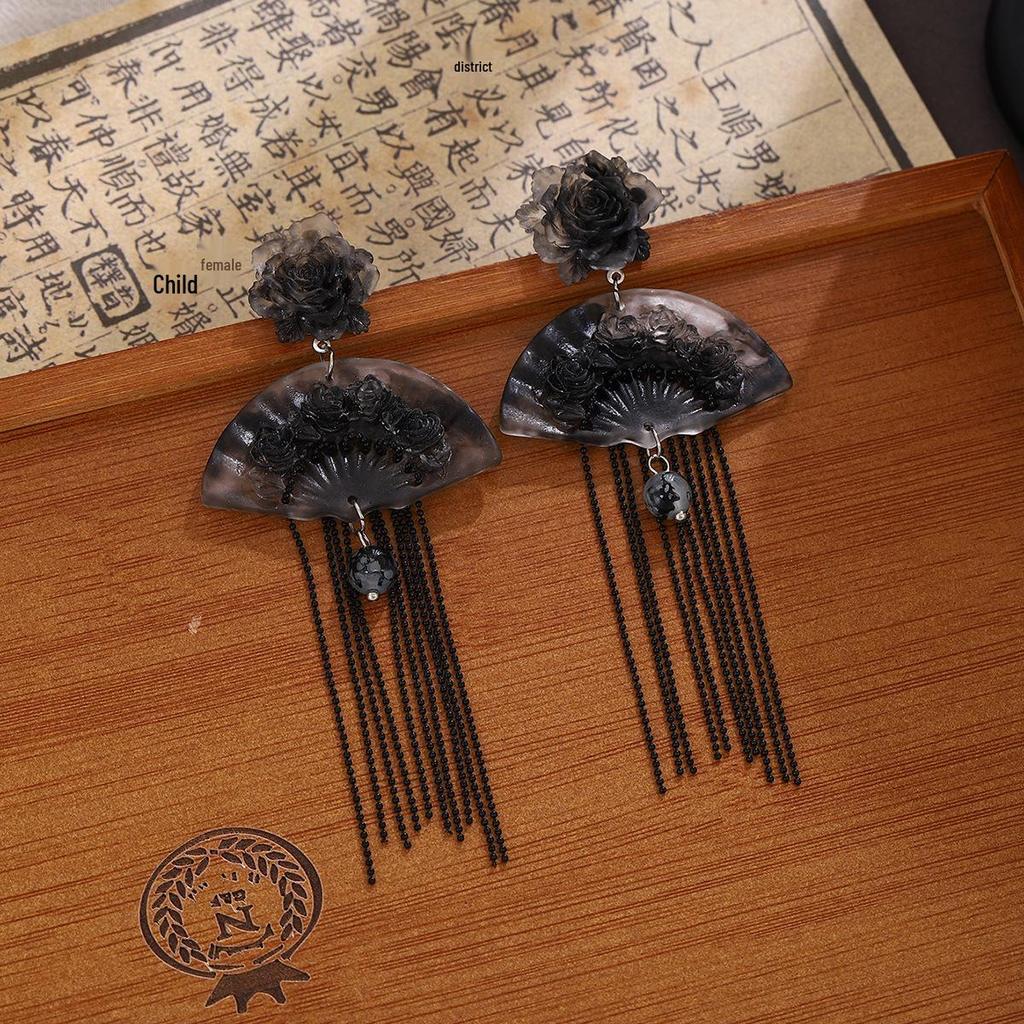 Silver Needle Chinese Ink Painting Flower Tassel Earrings: Light Luxury, High-End Qipao Accessories for Women
