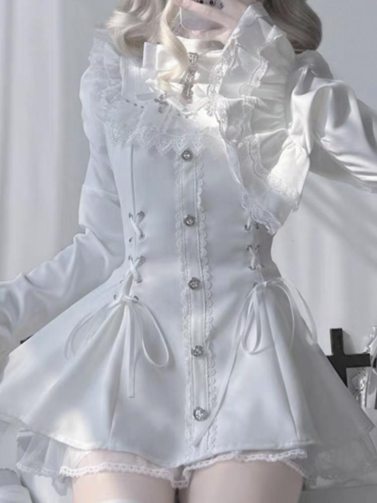 Gotické Vintage Horká Dívka Slim Patchworkové Šaty Ženy High Street Krajka Skinny Šaty s Dlouhým Rukávem Francie Sladké Bílé Oblečení Nové
