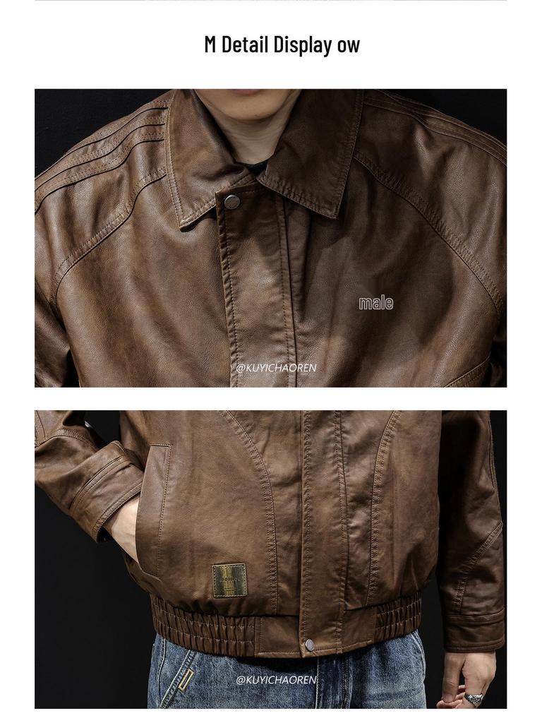 Herren Hochwertige Amerikanische Retro Leder Motorradjacke - Herbst/Winter 2025, Kurz, Mit Samt gefüttert, Große Größen, Trendige Marke