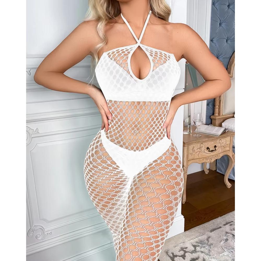 Sexy Fishnet Bodysuit Mature Lingerie Halter Jumpsuit Mesh One-Piece Fishnet Bodystockings Stylish Outfit for Daily Wear