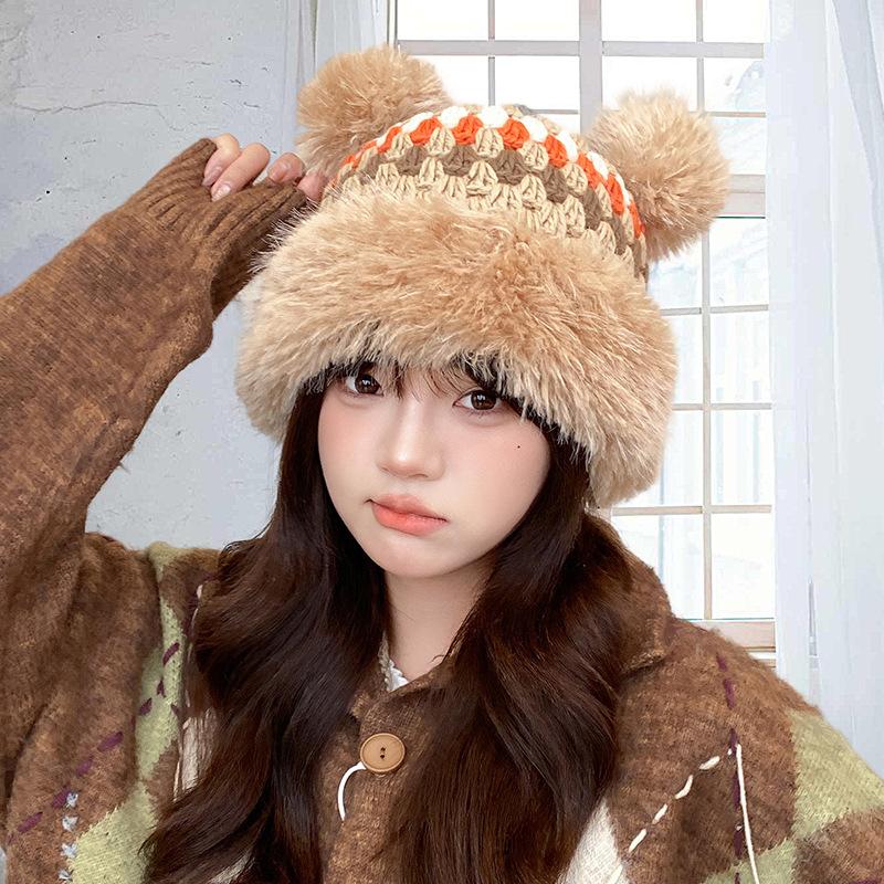 

Милая плюшевая шапка с медвежьими ушками для женщин на осень и зиму, шерстяная шапка, утолщенная, теплая, защита от холода, универсальная вязаная шапка M（56-58cm）