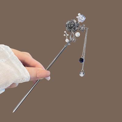 Flower Hairpin Neo-chinese Style Hair Sticks Ink Colored Flower Tassel Hair Stick For Women Elegant Metal Jewelry Hair Accessory