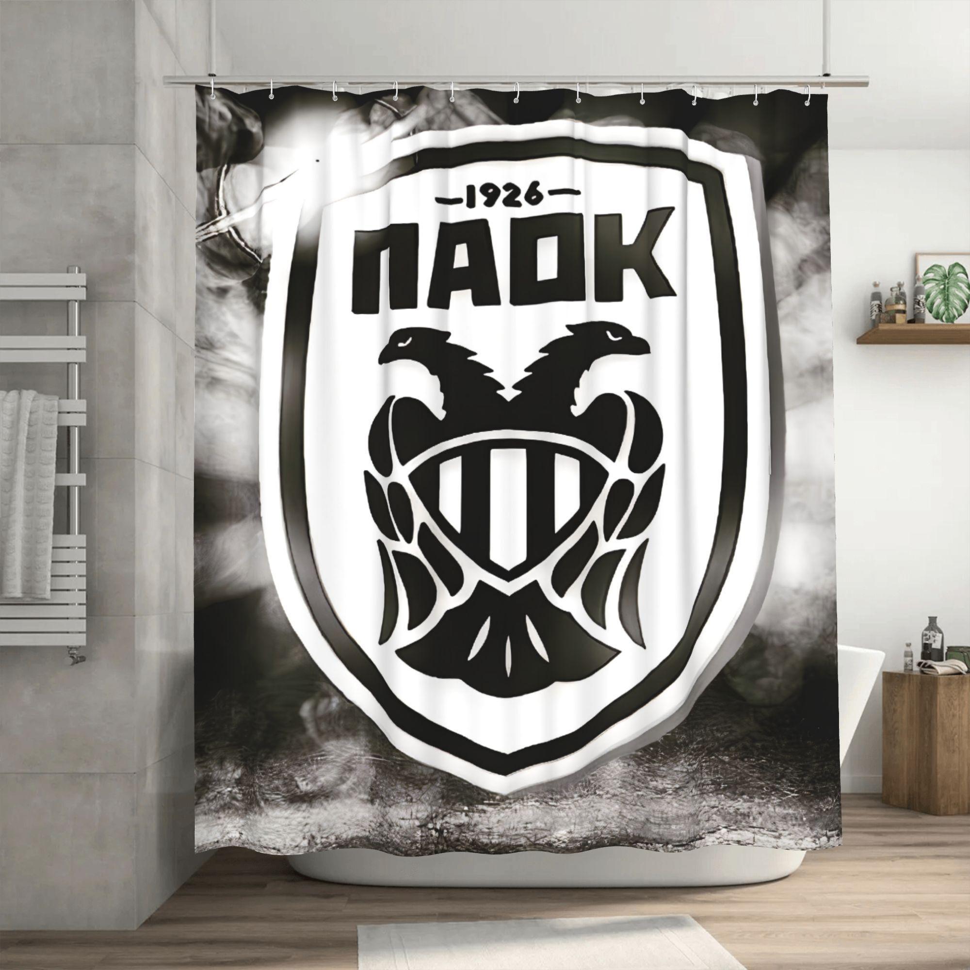 

Thessaloniki PAOK Shield Design Shower Curtain with Hooks - Black & White Athletic Bathroom Decor, Machine Washable Polyester 90x180cm