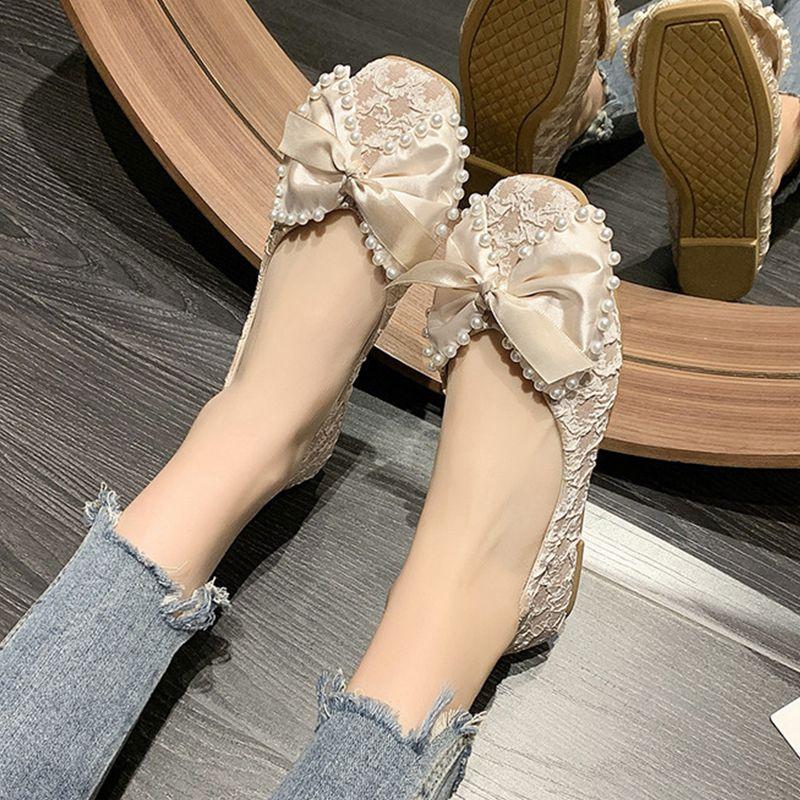 Square Toe Ladies Footwear Pearl With Bow Slip-on Women's Flat Shoes Spring Comfortable Elegant High Quality Fashion Shoe Sale
