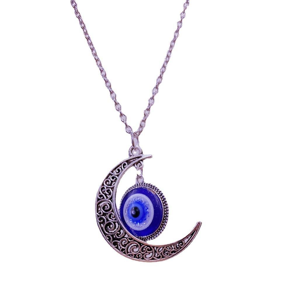 Trendy Personality Turkish Blue Eyes Hollowed-out Pattern Crescent Moon Sun Evil Eye Pendant Necklace for Women Men Jewelry Gift