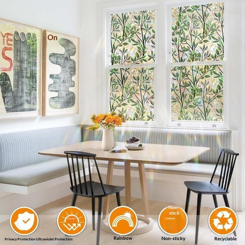 Statisch Haftende Grüne Blatt Buntglas Fensterfolie Anti-Späh-Sichtschutz Abnehmbar für Wohnzimmer Balkon Dekoration