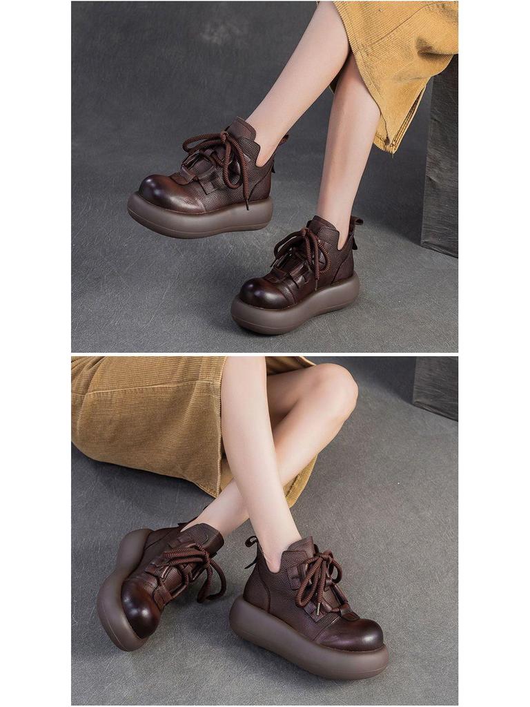 Genuine Soft Leather Martin Boots - Warm, Stylish & Versatile Retro Ankle Boots for Women, with Thick Platform Sole.