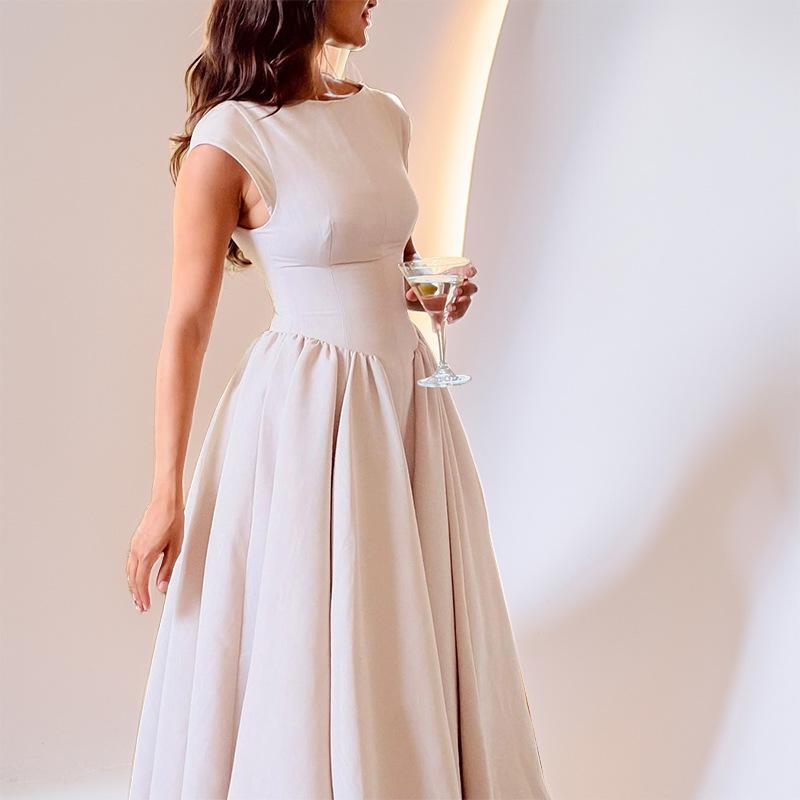 Weißes rückenfreies A-Linien-Maxikleid für Damen, Abendkleid, einfarbig, ausgeschnitten, ärmellos, hohe Taille, Club-Plisseekleid, elegant